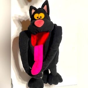 Cartoon Black Cat Plush big open mouth with tongue hanging out By Fact Games